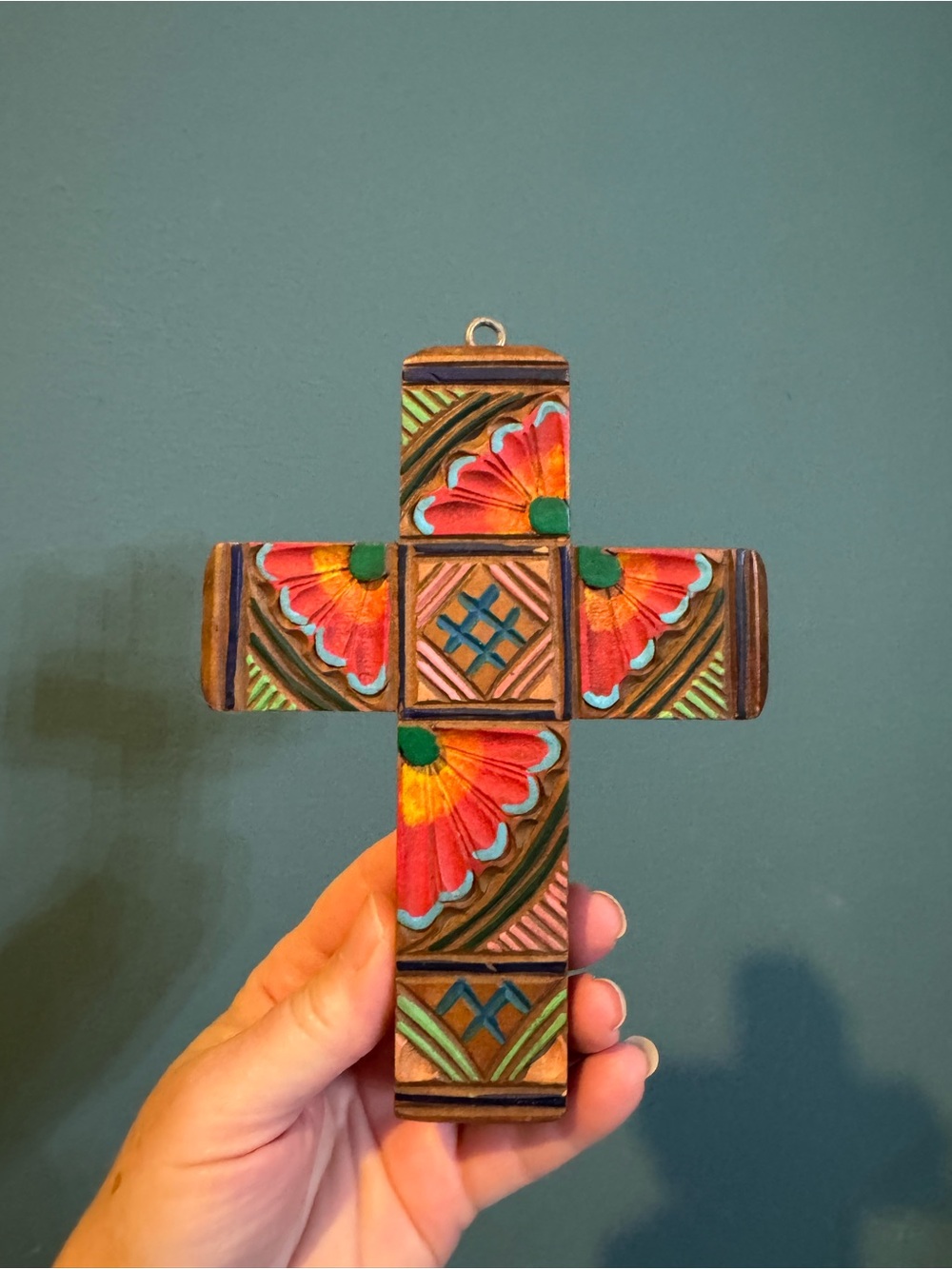 6.5” Carved Wooden Cross - Mexican Folk Art, Colorful